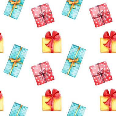Kusursuz desenli hediye kutuları; suluboya el çizimi illüstrasyonu; beyaz izole arkaplan ile noel kartpostalları için kullanılabilir