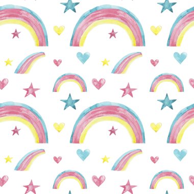 Gökkuşağı ve renkli yıldızlar ve kalplerle kusursuz desen; suluboya el çizimi resim; beyaz izole arkaplan