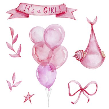 Bebek kızıyla pembe set, balonlar, yapraklar, kurdele, yay, yıldız; bebek partisi ya da çocuk posterleri için kullanılabilir; suluboya el çizimi resimleme; beyaz izole edilmiş arka plan