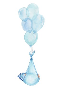Mavi balonlar üzerinde uçan bebek çocuk; suluboya el çizimi illüstrasyon; bebek partisi için kullanılabilir; beyaz izole edilmiş arka plan