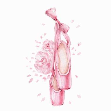 Pembe noktalı ayakkabılar ve yay ve çiçek; suluboya el çizimi illüstrasyon; kart veya posterler için kullanılabilir; beyaz izole arkaplan