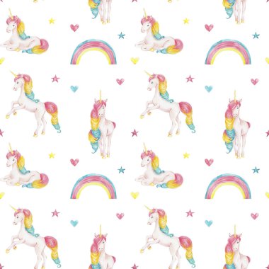 Tek boynuzlu atlar ve gökkuşaklarıyla kusursuz desen