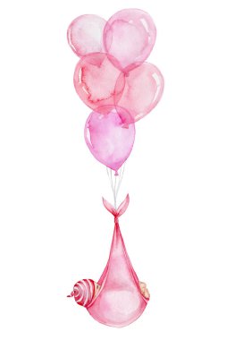 Pembe balonlar üzerinde uçan bebek kız çocuğu; suluboya el çizimi illüstrasyon; bebek partisi için kullanılabilir; beyaz izole edilmiş arka plan