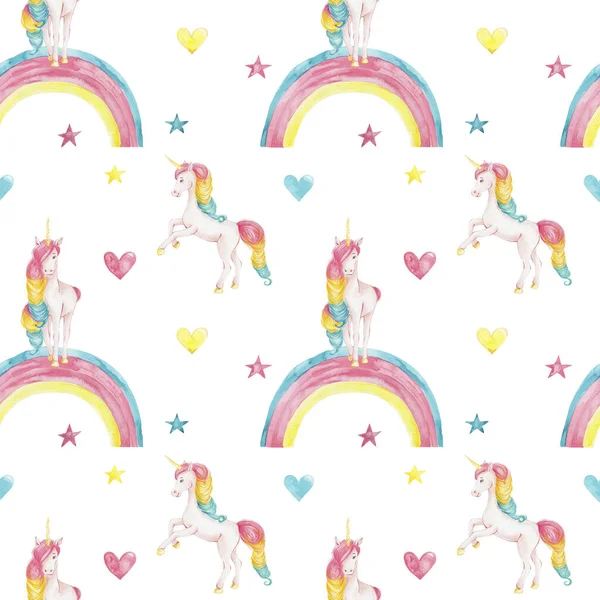 Seamless pattern unicorns and rainbows and colorful stars and hearts; watercolor hand draw illustration; with white isolated background