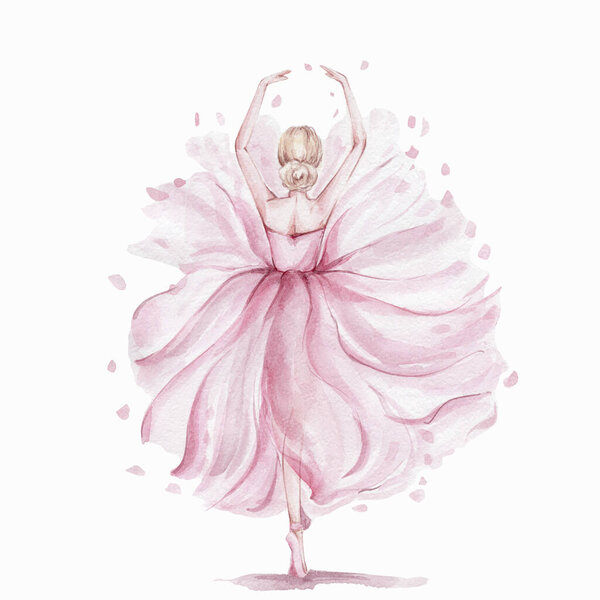 Розовый довольно балерина; акварель ручной рисунок иллюстрации; может быть использован для карт или плакатов; с белым изолированным фоном