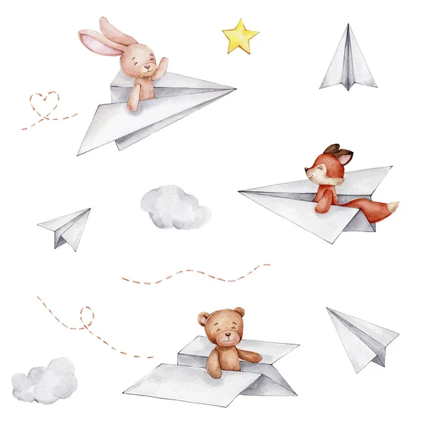 Set Cute Teddy Bear Bunny Fox Flying Paper Airplanes Clouds — Stock Photo, Image