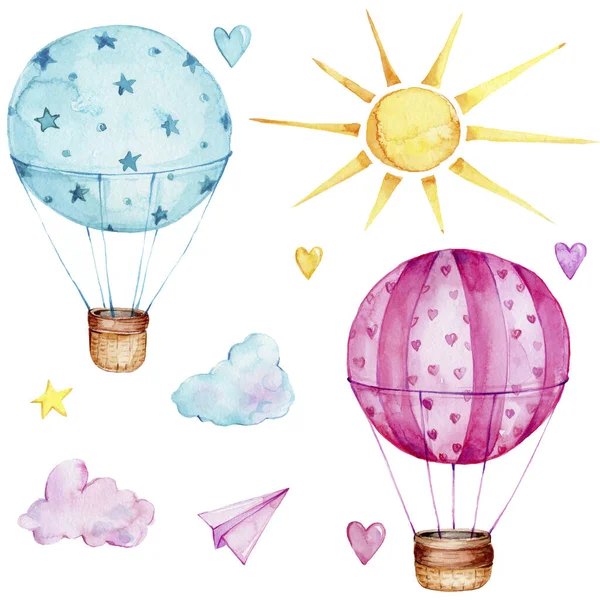 Aquarel Illustratie Van Schattige Hete Lucht Ballonnen — Stockfoto