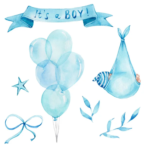 Niebieski Zestaw Małym Chłopcem Balony Liście Wstążka Łuk Gwiazda Może — Zdjęcie stockowe