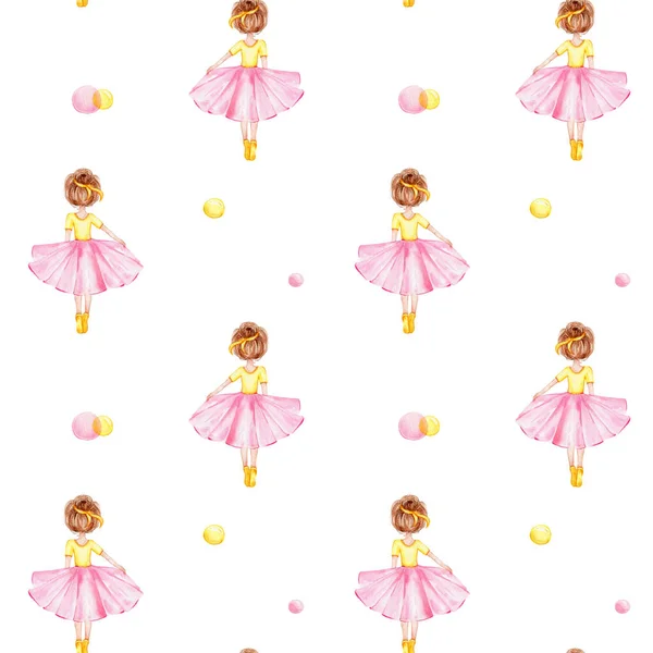 粉红短裙中的无缝隙花纹芭蕾舞演员 水彩画插图 白色孤立背景 — 图库照片
