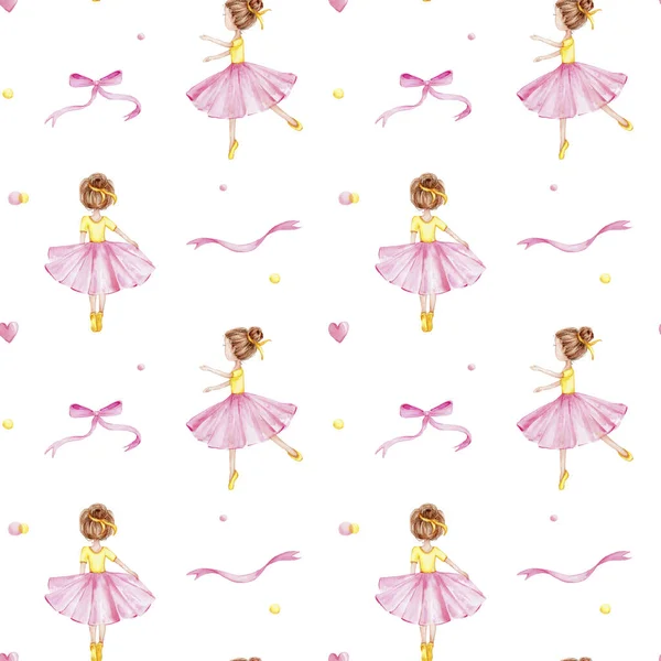Seamless pattern with ballerinas and pink ribbons; watercolor hand draw illustration; with white isolated background