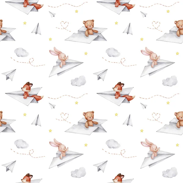 Bezešvé Vzor Papírovými Letadly Plyšoví Medvídci Králíci Lišky Mraky Hvězdy — Stock fotografie
