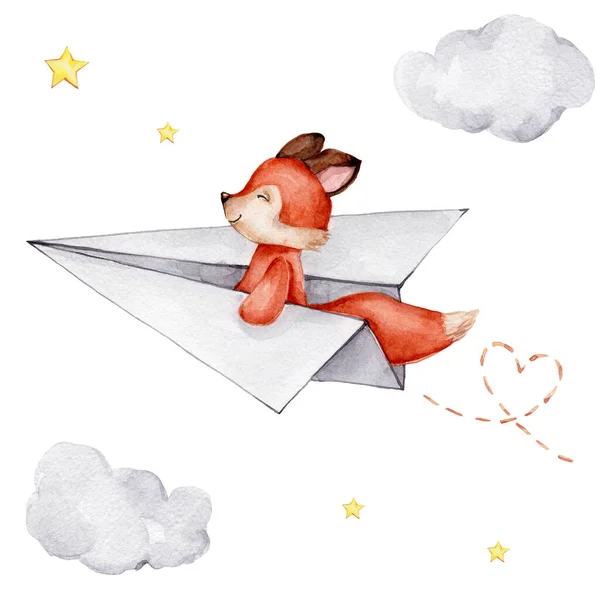 Lindo Zorro Rojo Volando Avión Papel Nubes Estrellas Ilustración Dibujo — Foto de Stock