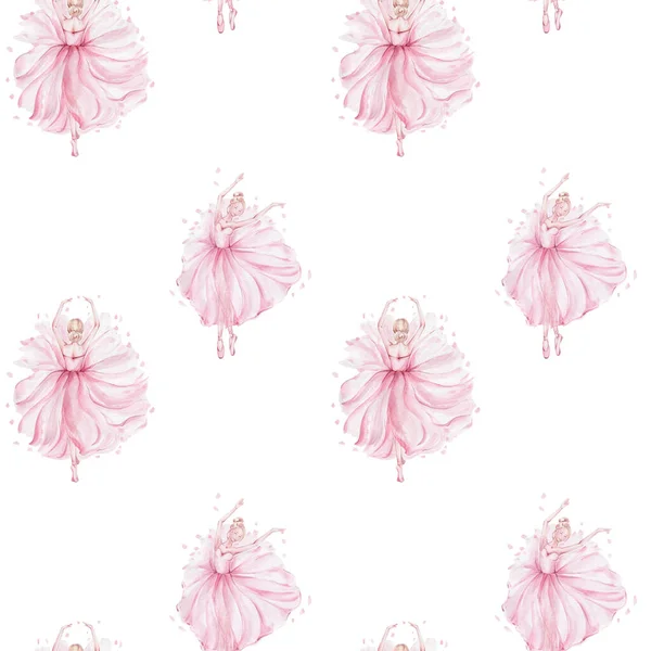 Seamless pattern with pink ballerinas; watercolor hand draw illustration; with white isolated background