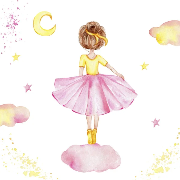 Cartoon Cute Ballerina Standing Pink Cloud Watercolor Hand Draw Illustration — Stock Photo, Image