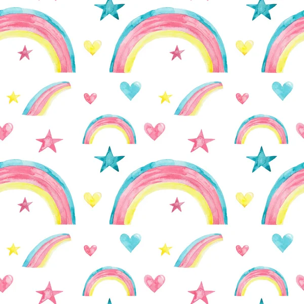 Seamless Pattern Rainbows Colorful Stars Hearts Watercolor Hand Draw Illustration — Stock Photo, Image