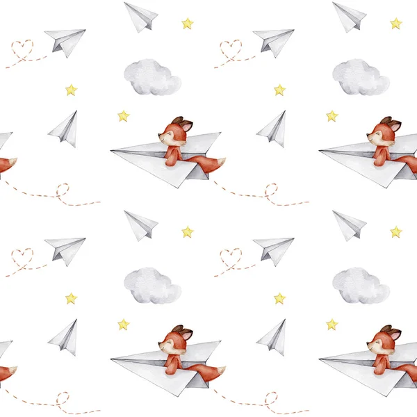 Безшовний Візерунок Маленькою Червоною Лисицею Паперовому Літаку Зірками Ілюстрація Малювання — стокове фото