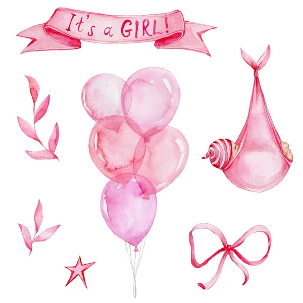 Set Roz Fetiță Baloane Frunze Panglică Arc Stea Poate Folosit — Fotografie, imagine de stoc