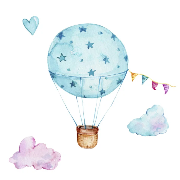 Akwarela Ilustracja Gorącego Powietrza Balon Błękitnym Niebem — Zdjęcie stockowe