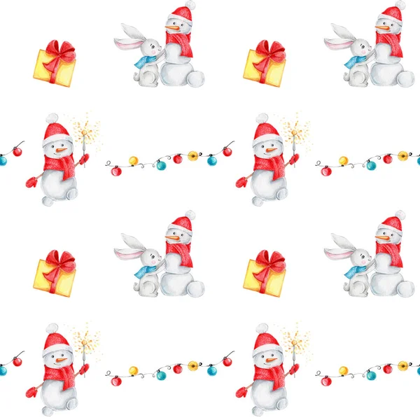 Seamless Pattern Snowmen Bunnies Scarves Garland Yellow Gift Box Watercolor — Stock Photo, Image