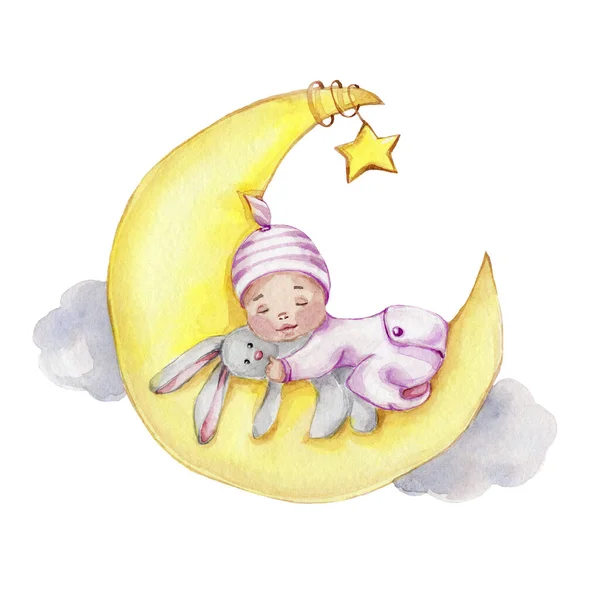 Acuarela Ilustración Linda Niña Durmiendo Luna —  Fotos de Stock