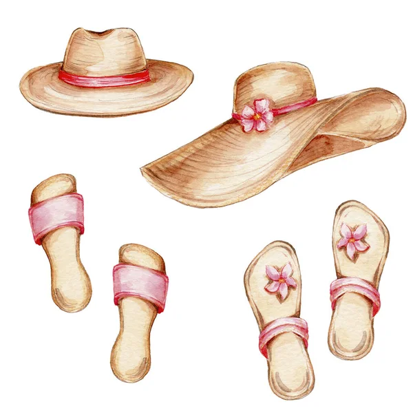 Sombreros Paja Con Cinta Roja Zapatillas Ilustración Dibujo Mano Acuarela —  Fotos de Stock