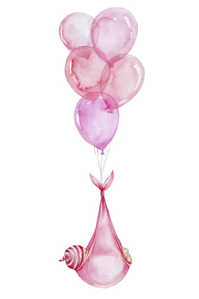 Bebé Niña Volando Globos Color Rosa Acuarela Mano Dibujar Ilustración —  Fotos de Stock