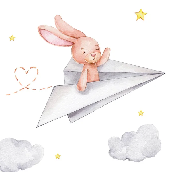 Cute Little Bunny Flying Paper Airplane Clouds Stars Watercolor Hand — Stock Photo, Image