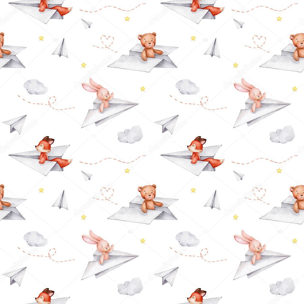 Seamless pattern with paper airplanes, teddy bears, bunnies and foxes, clouds and stars; watercolor hand draw illustration; can be used for cards or baby shower; with white isolated background