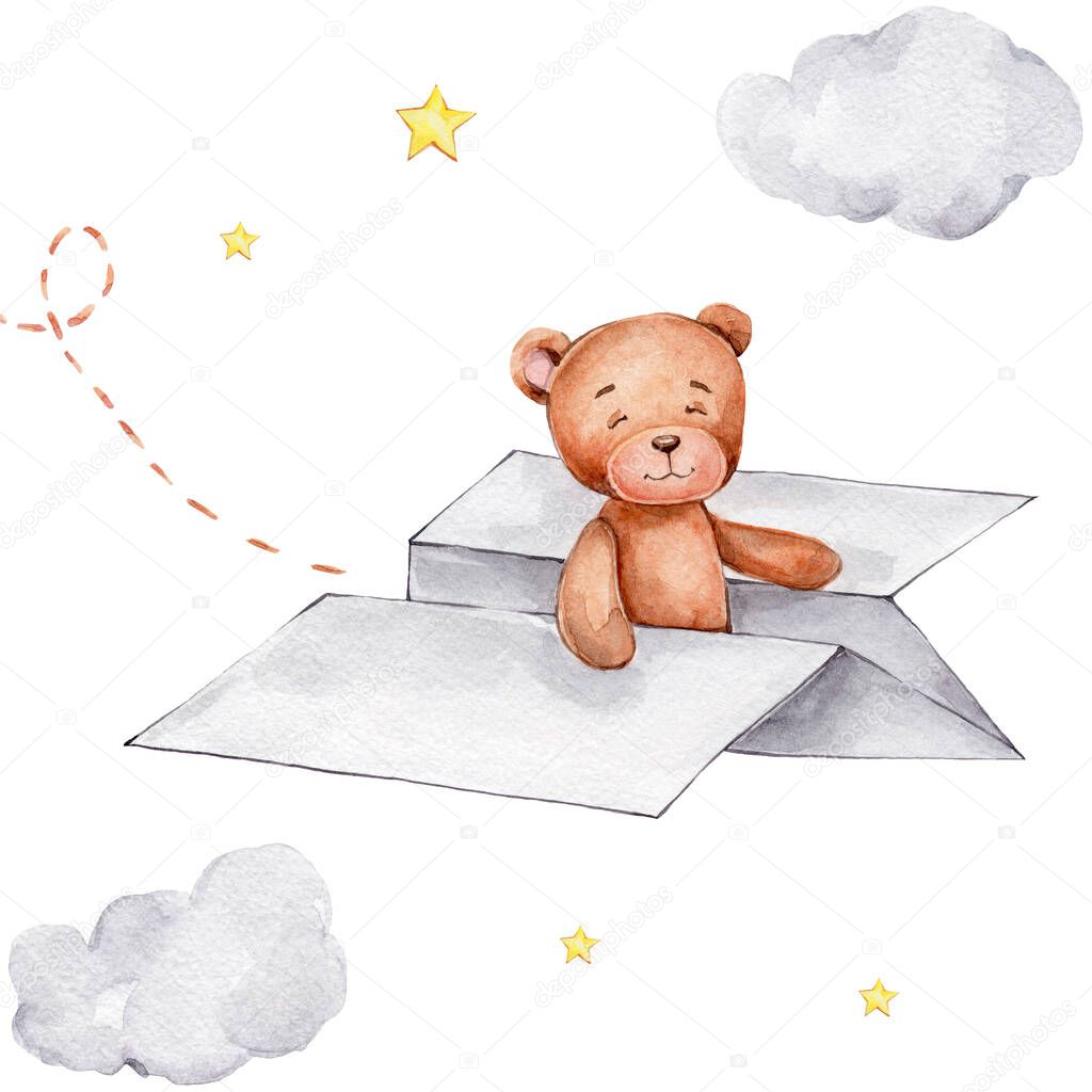 cute teddy bear in paper plane hand drawn watercolor illustration