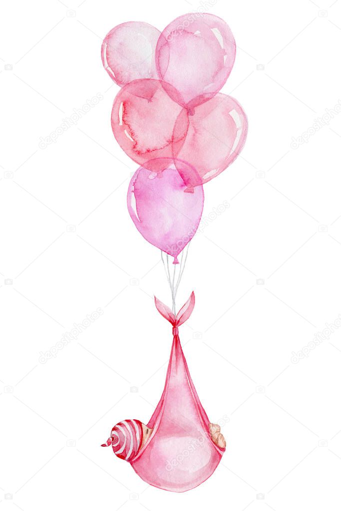 Baby girl flying on pink balloons; watercolor hand draw illustration; can be used for baby shower; with white isolated background