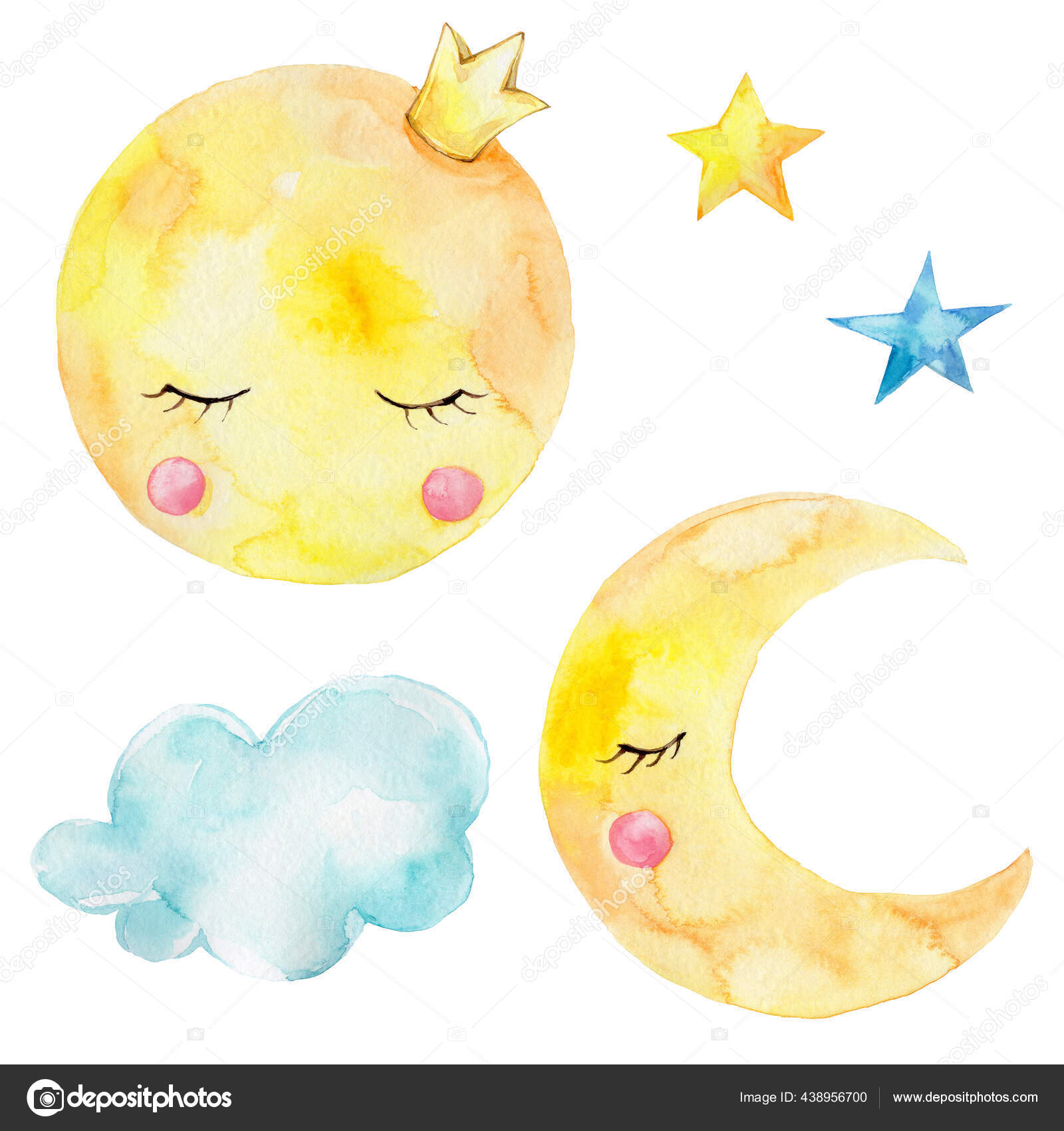 Nuvem de desenhos animados bonito, estrelas e lua sorridente. ilustração  aquarela desenhada à mão. Desenho pintado a aquarela . Ilustração por  ©K.Chumakova #132393114