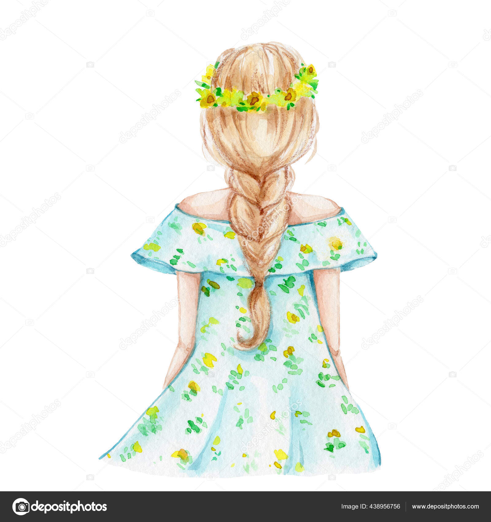 Young Girl Braid Wreath Blue Flowers Dress Watercolor Hand Draw