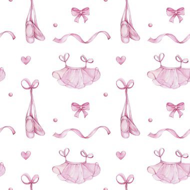 Sivri uçlu ayakkabılar, bale eteği, pembe yay, kurdele ve kalp ile kusursuz desen; suluboya el çizimi resimleme; beyaz izole arka plan