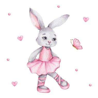 Pembe tutu elbise ve kelebek içinde şirin küçük balerin tavşan; suluboya el çizim; beyaz izole arka plan