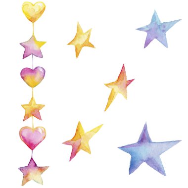 Sarı, pembe ve mavi yıldızlar ve kalpler; suluboya el çizimi resim; beyaz izole arkaplan