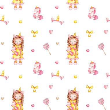 Sarı elbiseler, kalpler, tek boynuzlu atlar, şekerler, boynuzlar ve yaylar içinde sevimli bebekleri olan kusursuz desen; suluboya el çizimi; beyaz izole arkaplan