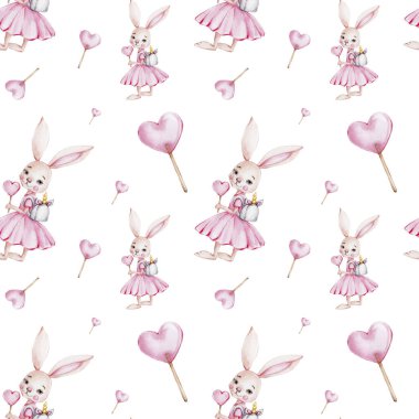 Sevimli tavşanlar ve pembe şekerlerle kusursuz desen.