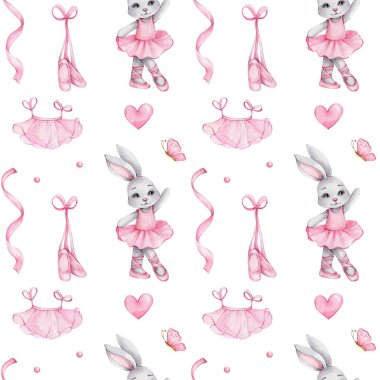 Kusursuz desenli tavşan balerin, pembe noktalı ayakkabılar, bale eteği, yay; suluboya el çizimi resimli; beyaz izole arkaplan