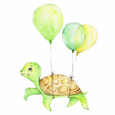 Sarı ve yeşil balonları olan şirin karikatür deniz kaplumbağası; bebek partisi ve kartları için kullanılabilir; suluboya el çizimi illüstrasyonları; beyaz izole edilmiş arka plan