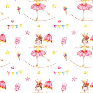 Halat kızlarının şemsiyesi, dondurması, pamuk şekeri, bayrakları, sarı ve pembe yıldızları, suluboya el çizimi, beyaz izole edilmiş arka plan