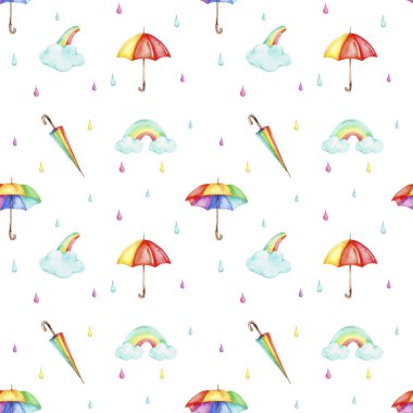 Renkli şemsiyeli, bulutlu, gökkuşaklı ve yağmurlu kusursuz desen; suluboya el çizimi resim; beyaz izole arkaplan