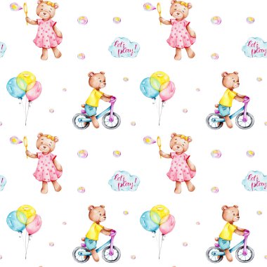 Küçük oyuncak ayılar, bisikletler, balonlar, renkli balonlar ve harf 