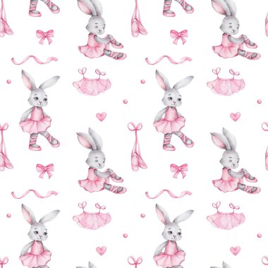 Kusursuz desenli tavşan balerin, pembe noktalı ayakkabılar, bale eteği, yay; suluboya el çizimi resimli; beyaz izole arkaplan