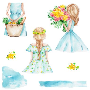 Mavi elbiseli üç genç kız ve sarı çiçekler ve mavi lekeler; suluboya el çizimi resim; beyaz izole arka plan