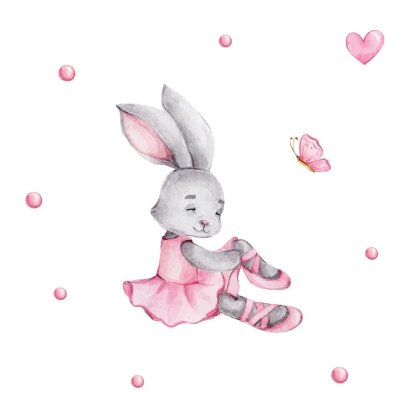 Schattige Cartoon Bunny Ballerina Draagt Puntschoenen Aquarel Hand Tekenen Illustratie — Stockfoto