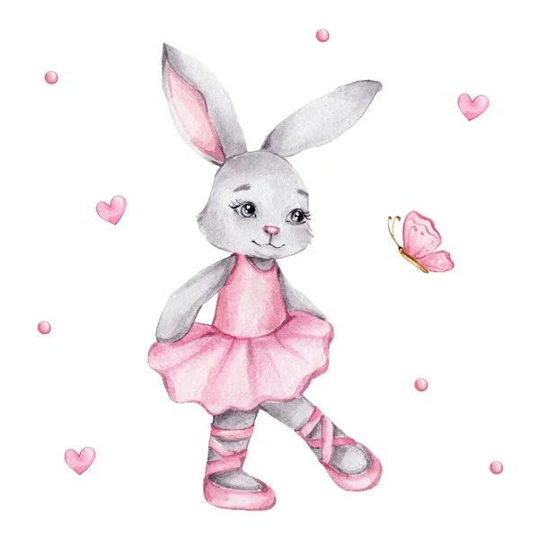 Cute little ballerina bunny in pink tutu dress and butterfly; watercolor hand draw illustration; with white isolated background
