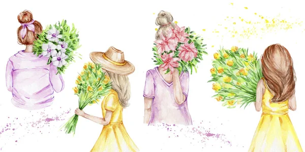 Conjunto Quatro Meninas Com Buquês Flores Aquarela Desenho Ilustração Mão — Fotografia de Stock