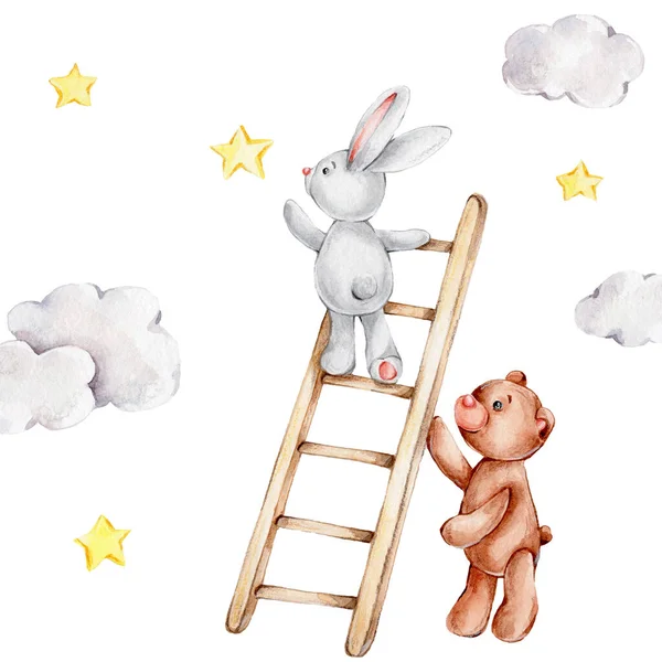 Cute cartoon bunny on the stairs and teddy bear and yellow stars and clouds; watercolor hand draw illustration; can be used for kid posters or baby shower; with white isolated background