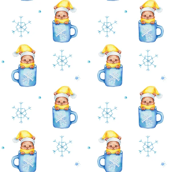 Seamless Pattern Teddy Bears Snowflakes Watercolor Hand Draw Illustration White — Stock Photo, Image