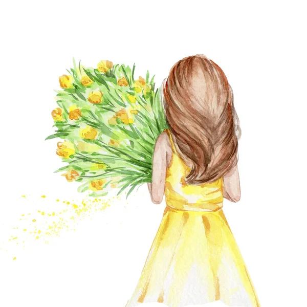 Mädchen Mit Gelbem Blumenstrauß Aquarell Handzeichnung Illustration Mit Weißem Hintergrund — Stockfoto